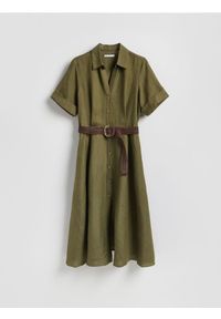 Reserved - Sukienka midi z lnem - zielony. Kolor: zielony. Materiał: len. Długość: midi