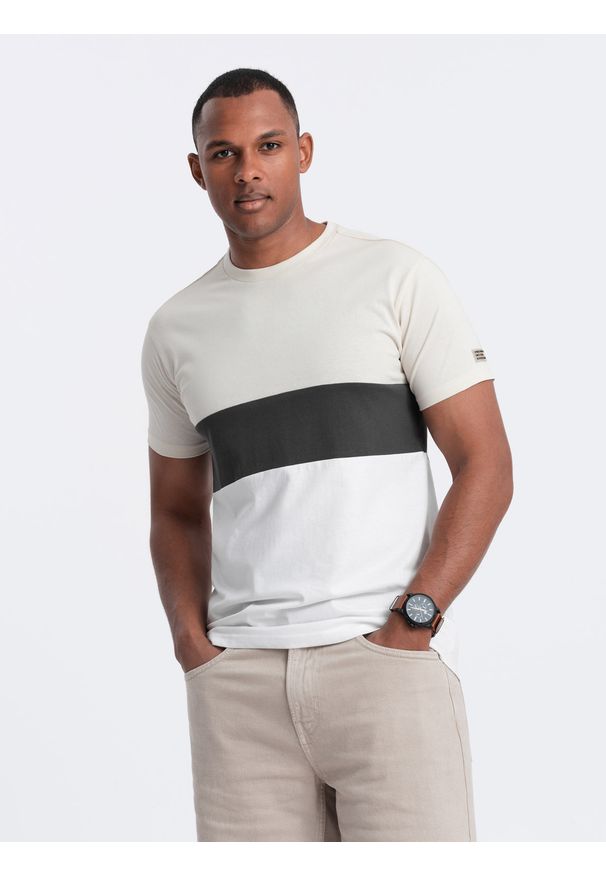 Ombre Clothing - T-shirt męski trójkolorowy w szerokie pasy - kremowo-biały V2 OM-TSCT-0152 - XXL. Okazja: na co dzień. Kolor: biały. Materiał: bawełna, materiał. Wzór: aplikacja. Styl: casual