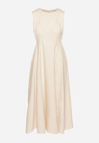 Born2be - Jasnobeżowa Rozkloszowana Sukienka z Bawełną i Wiskozą Ozdobiona Rozcięciem na Nogę Devirael. Okazja: na spacer, na co dzień, na imprezę. Kolor: beżowy. Materiał: wiskoza, bawełna. Wzór: aplikacja. Styl: casual #7