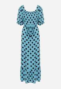 Born2be - Niebiesko-Czarna Sukienka z Bufiastymi Rękawami i Gumkami przy Dekolcie z Falbanką i Paskiem w Talii Tesree. Okazja: na co dzień. Typ kołnierza: dekolt kwadratowy. Kolor: niebieski. Materiał: bawełna, materiał. Styl: casual, retro #7