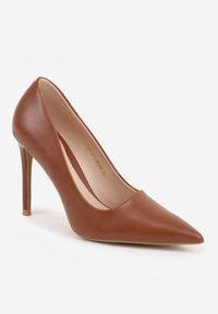Renee - Jasnobrązowe Minimalistyczne Szpilki VICES o Klasycznym Fasonie Saphosa. Kolor: brązowy. Materiał: satyna. Obcas: na szpilce. Styl: klasyczny. Wysokość obcasa: średni #9