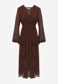 Born2be - Brązowa Romantyczna Sukienka Koktajlowa z Falbanami i Marszczeniem w Pasie Aranilla. Typ kołnierza: kołnierz z falbankami. Kolor: brązowy. Materiał: materiał, tkanina. Wzór: aplikacja, gładki. Typ sukienki: rozkloszowane. Styl: wizytowy #4