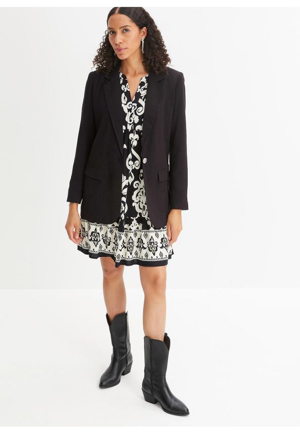 bonprix - Sukienka tunikowa z lejącej wiskozy. Kolor: czarny. Materiał: wiskoza. Wzór: nadruk