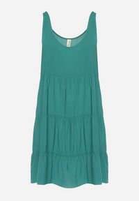 Born2be - Ciemnozielona Bawełniana Rozkloszowana Sukienka na Ramiączkach z Falbanami Criselles. Okazja: na spacer, na plażę. Typ kołnierza: kołnierz z falbankami. Kolor: zielony. Materiał: bawełna. Długość rękawa: na ramiączkach. Sezon: lato. Styl: elegancki #4