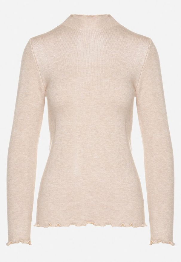 Born2be - Ciemnobeżowy Sweter z Wełną i Ozdobną Falbanką przy Dekolcie Seanoria. Okazja: na co dzień. Kolor: beżowy. Materiał: wełna. Wzór: aplikacja. Styl: klasyczny, elegancki, casual
