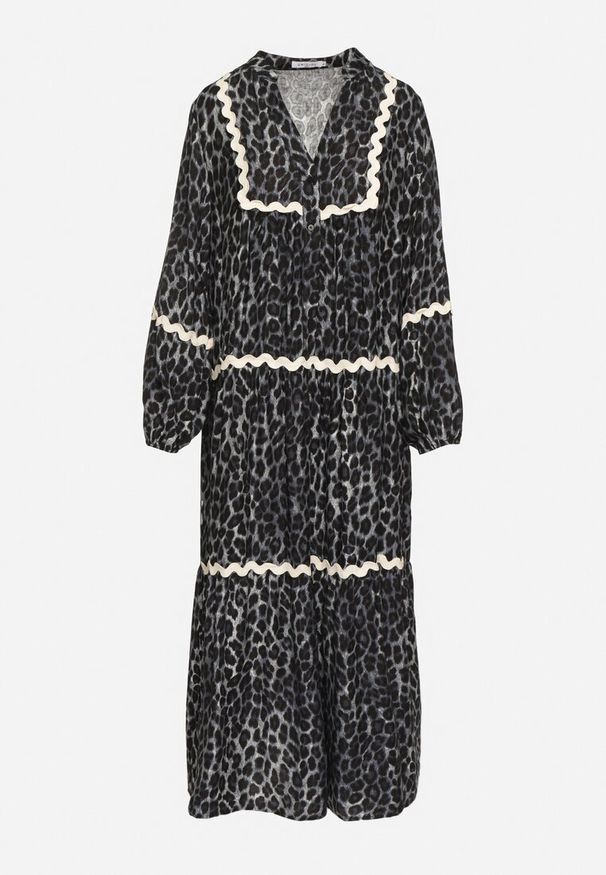 Born2be - Szara Sukienka w Panterkę w Stylu Retro z Ozdobnymi Lamówkami Zetizia. Okazja: na co dzień. Kolor: szary. Materiał: wiskoza. Wzór: motyw zwierzęcy. Styl: retro