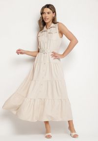 Born2be - Beżowa Koszulowa Sukienka Ozdobiona Paskiem Mavorelle. Okazja: na co dzień. Kolor: beżowy. Wzór: aplikacja. Typ sukienki: koszulowe. Styl: casual, elegancki #4
