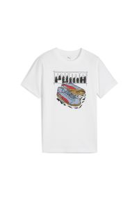 Puma - Młodzieżowa koszulka z grafiką sneakersów PUMA White. Kolor: biały. Sport: joga i pilates