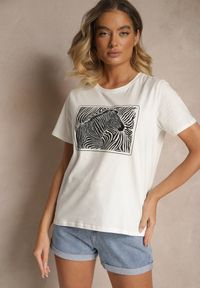 Renee - Biały Bawełniany T-shirt Oversize z Nadrukiem Imitującym Zebrę Nalornis. Okazja: na co dzień. Kolor: biały. Materiał: bawełna. Wzór: nadruk, motyw zwierzęcy. Styl: elegancki, casual