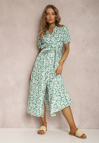 Renee - Zielona Sukienka z Bawełny Andrilla. Kolor: zielony. Materiał: bawełna. Długość rękawa: krótki rękaw. Wzór: kwiaty. Typ sukienki: kopertowe. Długość: midi #5
