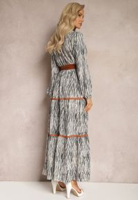 Renee - Szara Sukienka z Gumką w Pasie Nossi. Typ kołnierza: dekolt w kształcie V. Kolor: szary. Materiał: tkanina, materiał. Styl: boho. Długość: maxi