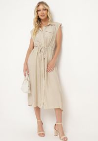 Born2be - Beżowa Wiskozowa Sukienka o Koszulowym Kroju z Paskiem w Talii Mareviana. Kolor: beżowy. Materiał: wiskoza. Typ sukienki: koszulowe. Styl: klasyczny #3