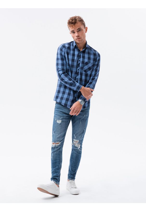 Ombre Clothing - Koszula męska w kratę z długim rękawem K282 - niebiesko-granatowa - XXL. Okazja: na co dzień. Kolor: niebieski. Materiał: bawełna, poliester. Długość rękawa: długi rękaw. Długość: długie. Wzór: aplikacja. Styl: casual