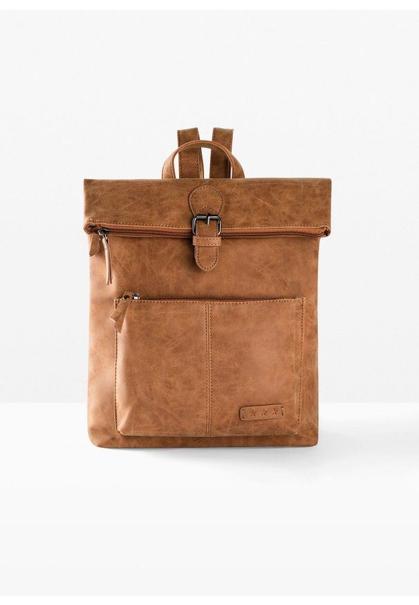 bonprix - Plecak z zewnętrzną kieszenią i sprzączką. Kolor: brązowy. Materiał: skórzane. Styl: casual