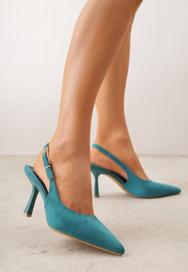 Renee - Zielone Szpilki Slingback VICES z Imitacji Zamszu z Prostokątną Klamerką Natuma. Okazja: na co dzień, na randkę, na ślub cywilny, na wesele. Zapięcie: klamry. Kolor: zielony. Materiał: zamsz. Obcas: na szpilce. Styl: casual, elegancki