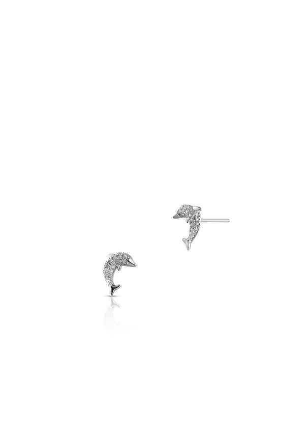 W.KRUK - Kolczyki srebrne delfiny z cyrkoniami. Materiał: srebrne. Kolor: srebrny. Wzór: aplikacja. Kamień szlachetny: cyrkonia