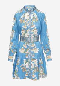 Born2be - Niebieska Sukienka Koszulowa w Kwiatowy Wzór z Bufiastymi Rękawami i Paskiem Aladira. Okazja: na co dzień. Kolor: niebieski. Wzór: kwiaty. Typ sukienki: koszulowe. Styl: elegancki, casual #5