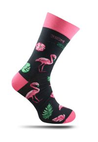 More - Skarpetki Różowo-Grafitowe we Flamingi, Asymetryczne, Dwie Różne Skarpetki, Męskie -MORE. Kolor: różowy. Materiał: bawełna, elastan, poliamid