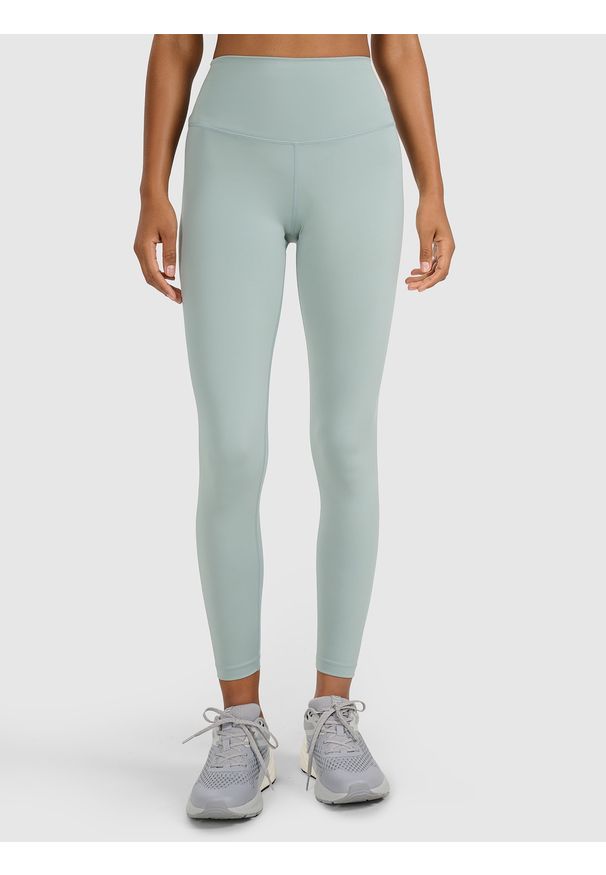 4f - 4F Legginsy treningowe szybkoschnące damskie - zielone XS. Stan: podwyższony. Kolor: zielony. Materiał: dzianina, materiał, syntetyk, włókno, elastan. Wzór: gładki, ze splotem. Sport: fitness
