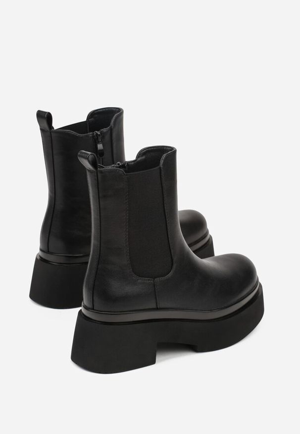 Renee - Czarne Botki Sztyblety na Platformie Tevirka. Zapięcie: pasek. Kolor: czarny. Materiał: jeans, satyna. Obcas: na platformie