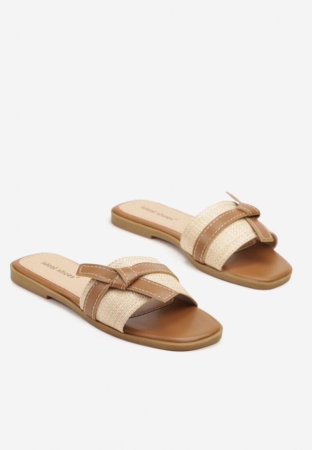 Born2be - Brązowo-Beżowe Klapki Ozdobione Paskiem i Supełkiem Emwia. Okazja: na co dzień. Kolor: brązowy. Wzór: aplikacja. Sezon: lato. Obcas: na obcasie. Styl: casual. Wysokość obcasa: niski