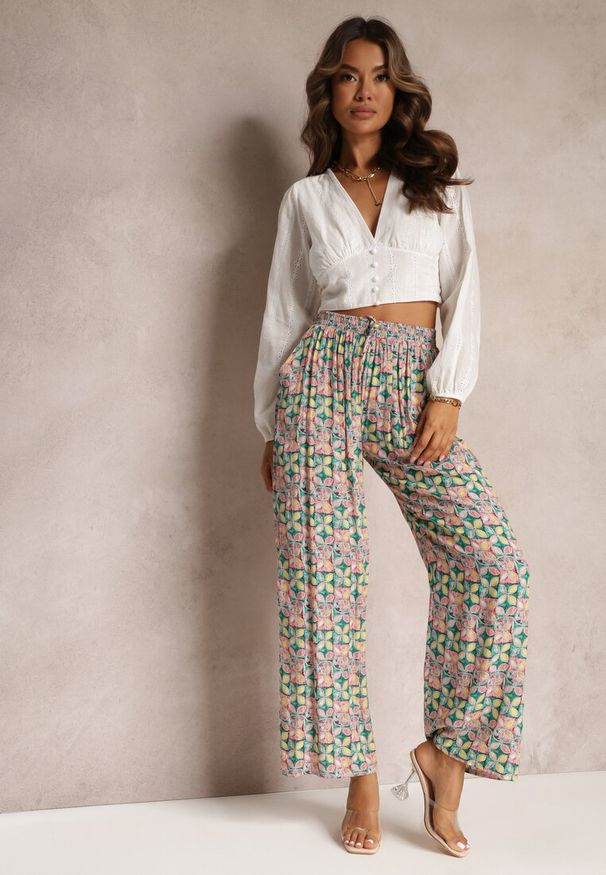 Renee - Zielono-Różowe Wiskozowe Spodnie High Waist Szerokie z Gumką w Pasie i Kieszeniami Aizha. Stan: podwyższony. Kolor: zielony. Materiał: wiskoza