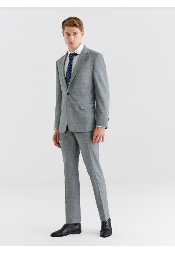 Pako Lorente - PAKO LORENTE – Szare spodnie garniturowe w niebieską kratę. Kolor: szary, niebieski, wielokolorowy. Materiał: poliester, wiskoza, elastan