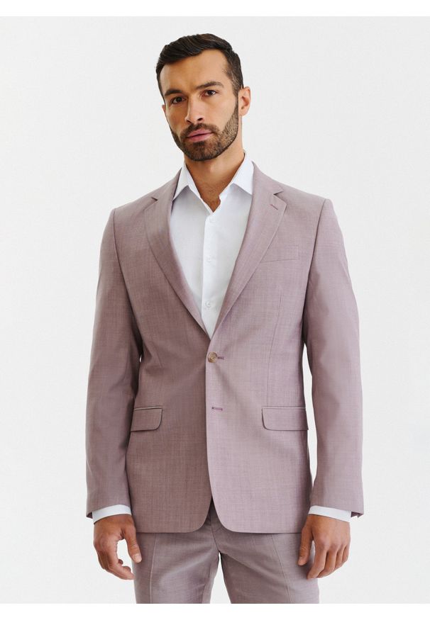 Pako Lorente - PAKO LORENTE – Gładka różowa marynarka garniturowa męska. Okazja: na ślub cywilny, na wesele, na komunię. Kolor: różowy. Materiał: wełna. Wzór: gładki. Styl: boho