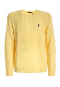 Ralph Lauren - RALPH LAUREN - Żółty sweter we wzór z warkoczem. Okazja: na co dzień. Typ kołnierza: polo. Kolor: żółty. Materiał: kaszmir, wełna. Długość rękawa: długi rękaw. Długość: długie. Wzór: ze splotem. Styl: casual, klasyczny