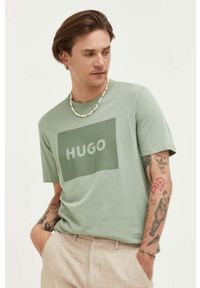 Hugo - HUGO t-shirt bawełniany kolor zielony z nadrukiem. Kolor: zielony. Materiał: bawełna. Wzór: nadruk