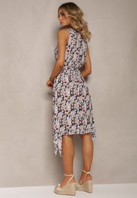Renee - Beżowo-Granatowa Kwiecista Sukienka z Bawełny o Kopertowym Dekolcie i Rozkloszowanym Fasonie Crosa. Kolor: beżowy. Materiał: bawełna. Typ sukienki: kopertowe #5