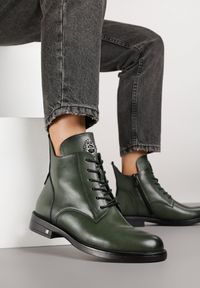 Born2be - Zielone Sznurowane Botki na Płaskiej Podeszwie z Ozdobnym Detalem Derandora. Kolor: zielony. Materiał: jeans. Obcas: na płaskiej podeszwie #6