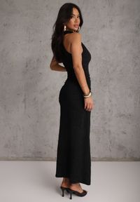 Renee - Czarna Koktajlowa Sukienka Bez Rękawów z Dodatkiem Wiskozy i Dekoltem Woda Cahrieth. Typ kołnierza: dekolt woda. Kolor: czarny. Materiał: wiskoza. Długość rękawa: bez rękawów. Wzór: kropki. Styl: wizytowy. Długość: mini #8