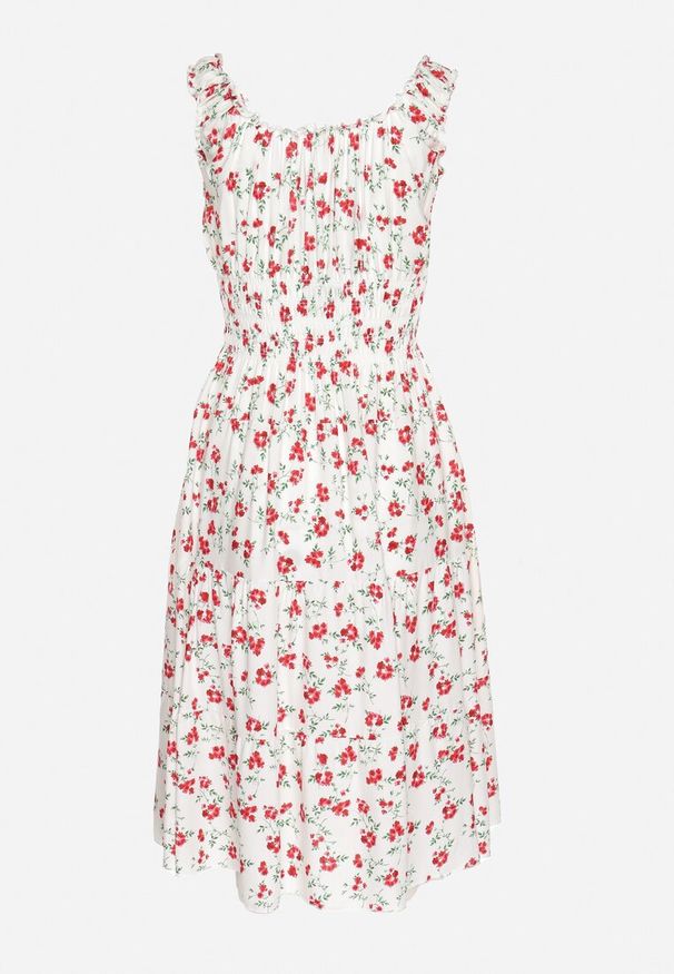Born2be - Biało-Czerwona Sukienka Rozkloszowana na Ramiączkach w Kwiaty Tallio. Okazja: na co dzień, na imprezę, na spacer. Typ kołnierza: dekolt kwadratowy. Kolor: biały. Materiał: jeans. Długość rękawa: na ramiączkach. Wzór: kwiaty. Typ sukienki: proste, rozkloszowane. Styl: casual, klasyczny