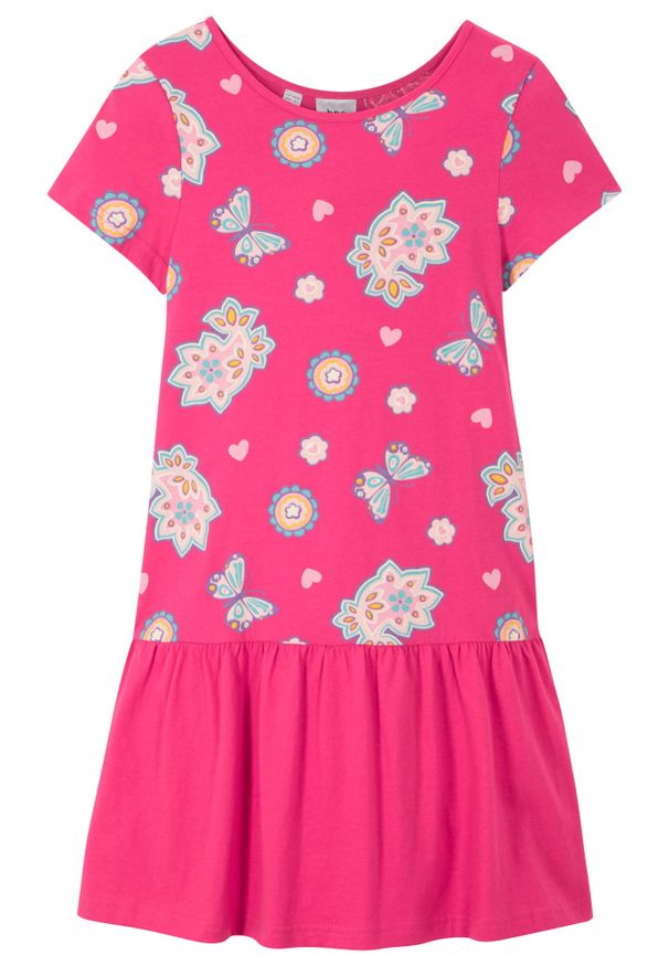 bonprix - Sukienka shirtowa dziewczęca z bawełny organicznej. Kolor: różowy. Materiał: bawełna. Długość rękawa: krótki rękaw. Wzór: gładki, kwiaty, nadruk