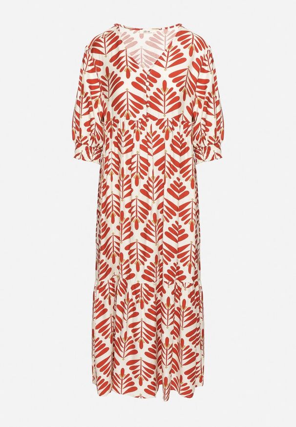 Born2be - Czerwona Rozkloszowana Sukienka z Wiskozą z Motywem Roślinnym Loredia. Okazja: na co dzień. Typ kołnierza: dekolt w kształcie V. Kolor: czerwony. Materiał: wiskoza. Długość rękawa: krótki rękaw. Wzór: aplikacja. Styl: casual, elegancki