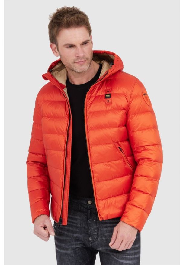 Blauer USA - BLAUER Pomarańczowa męska puchowa kurtka Sergio z kapturem, Rozmiar XXL. Typ kołnierza: kaptur. Kolor: pomarańczowy. Materiał: puch