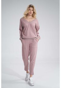Figl - Bawełniane Spodnie z Rozciętą Nogawką - Różowe. Kolor: różowy. Materiał: bawełna