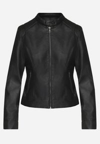 Born2be - Czarna Taliowana Kurtka Ramoneska ze Stójką w Motocyklowym Stylu Elovira. Okazja: na co dzień, na imprezę. Typ kołnierza: kołnierzyk stójkowy. Kolor: czarny. Materiał: jeans. Styl: klasyczny, casual #5