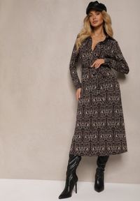 Renee - Brązowo-Beżowa Sukienka o Koszulowym Fasonie w Ornamentalny Wzór Mesiena. Okazja: na co dzień. Typ kołnierza: dekolt w kształcie V. Kolor: brązowy. Materiał: wiskoza. Długość rękawa: długi rękaw. Typ sukienki: koszulowe. Styl: elegancki, casual #5