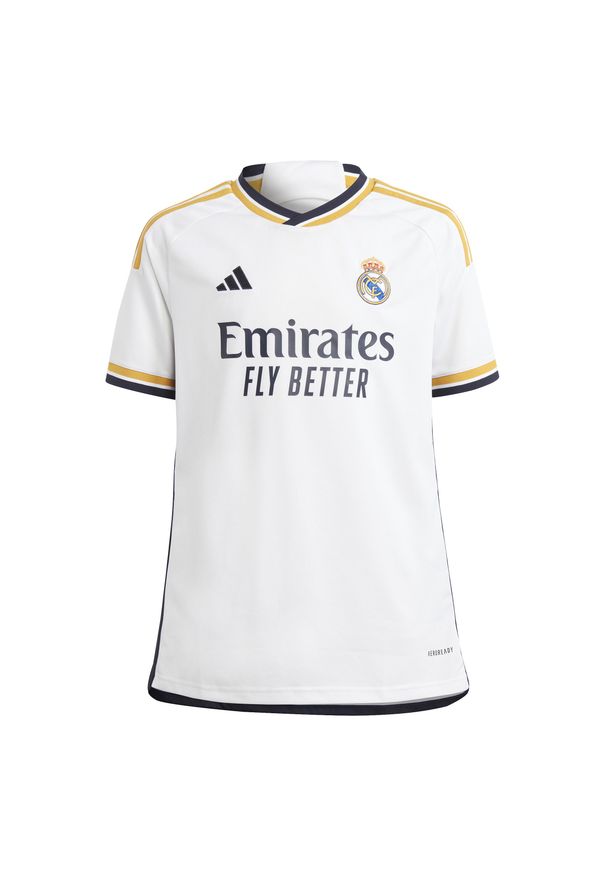 Adidas - Koszulka do piłki nożnej dla dzieci ADIDAS Real Madryt Home sezon 2023/2024. Kolor: biały. Materiał: tkanina. Sport: piłka nożna