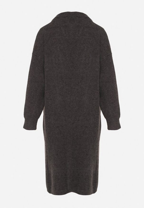 Born2be - Ciemnoszary Komplet Dzianinowy z Wełną Długi Kardigan i Sukienka w Prążki Falandrea. Kolor: szary. Materiał: dzianina, wełna. Wzór: prążki