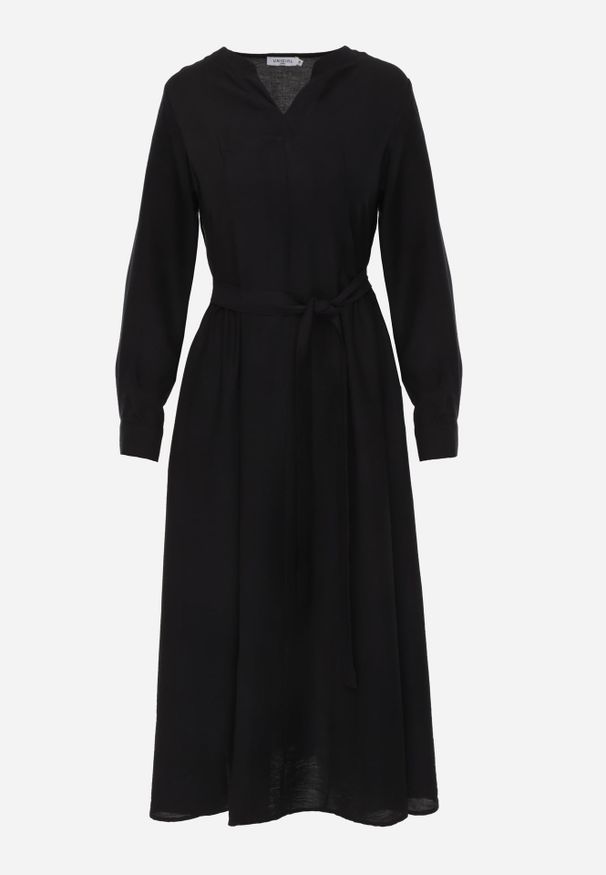 Renee - Czarna Wiskozowa Sukienka o Kroju Podkreślającym Sylwetkę z Wiązaniem Pedomea. Okazja: na co dzień. Kolor: czarny. Materiał: wiskoza. Styl: elegancki, casual