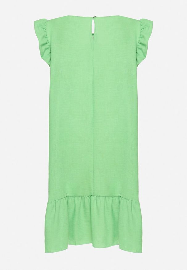 Born2be - Jasnozielona Rozkloszowana Sukienka z Falbanką na Dole i przy Rękawach Biojara. Okazja: na co dzień. Typ kołnierza: kołnierz z falbankami. Kolor: zielony. Długość rękawa: krótki rękaw. Typ sukienki: proste. Styl: casual