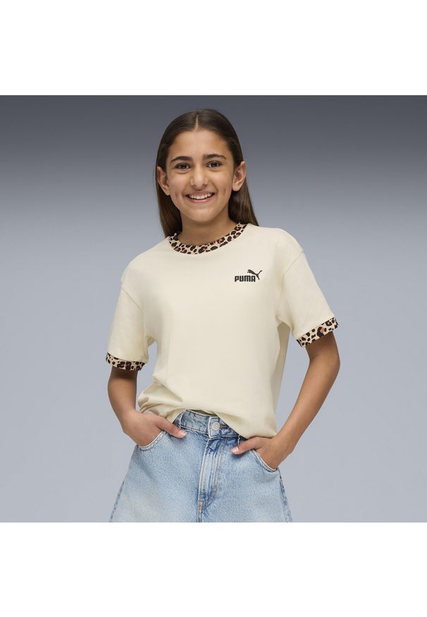 Puma - Młodzieżowa koszulka Essentials ze zwierzęcym wzorem o luźnym kroju PUMA. Kolor: beżowy, wielokolorowy, biały. Wzór: motyw zwierzęcy. Sport: joga i pilates