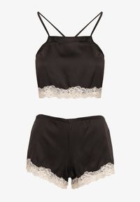 Renee - Czarny Komplet Piżamowy Krótki Wiązany Top na Ramiączkach Szorty z Gumką w Talii Tiseria. Kolekcja: plus size. Kolor: czarny. Materiał: materiał. Długość: krótkie