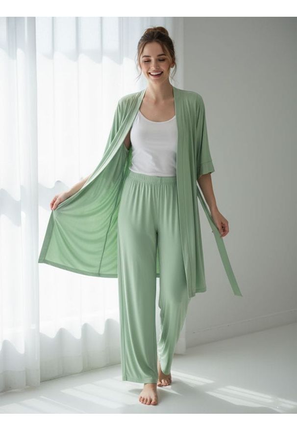 Sinsay - Spodnie piżamowe z szeroką nogawką - zielony. Kolor: zielony