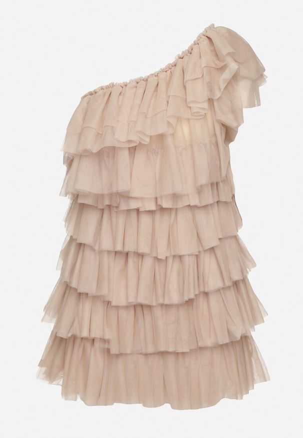 Born2be - Jasnobeżowa Sukienka Mini na Jedno Ramię Asymetryczna z Falbankami Nomenta. Typ kołnierza: kołnierz z falbankami. Kolor: beżowy. Typ sukienki: asymetryczne. Długość: mini