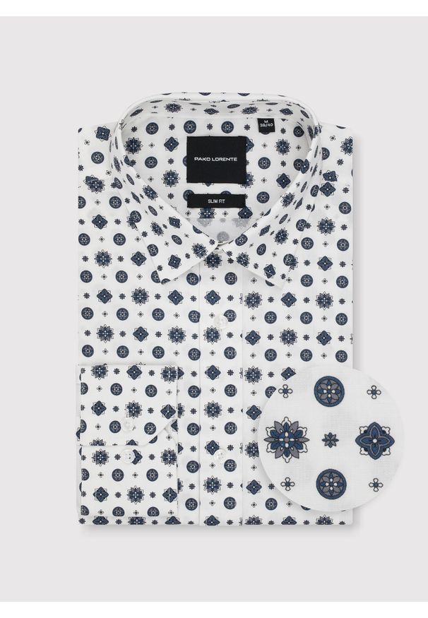 Pako Lorente - Biała koszula w niebieski wzór geometryczny. Kolor: niebieski, wielokolorowy, biały. Materiał: bawełna, elastan. Długość rękawa: długi rękaw. Długość: długie. Wzór: geometria
