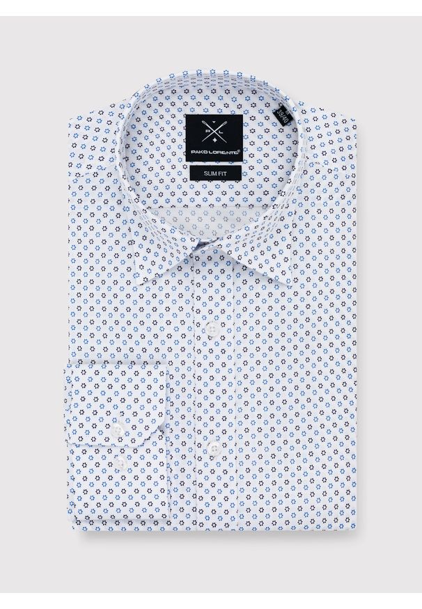 Pako Lorente - PAKO LORENTE – Biała koszula niebieskie trójkąty. Okazja: na co dzień, na imprezę. Typ kołnierza: button down. Kolor: niebieski, biały, wielokolorowy. Długość: długie. Wzór: gładki, nadruk, kwiaty. Materiał: tkanina, elastan, włókno, materiał, bawełna, skóra, jeans. Długość rękawa: długi rękaw. Sezon: wiosna, lato. Styl: casual, elegancki